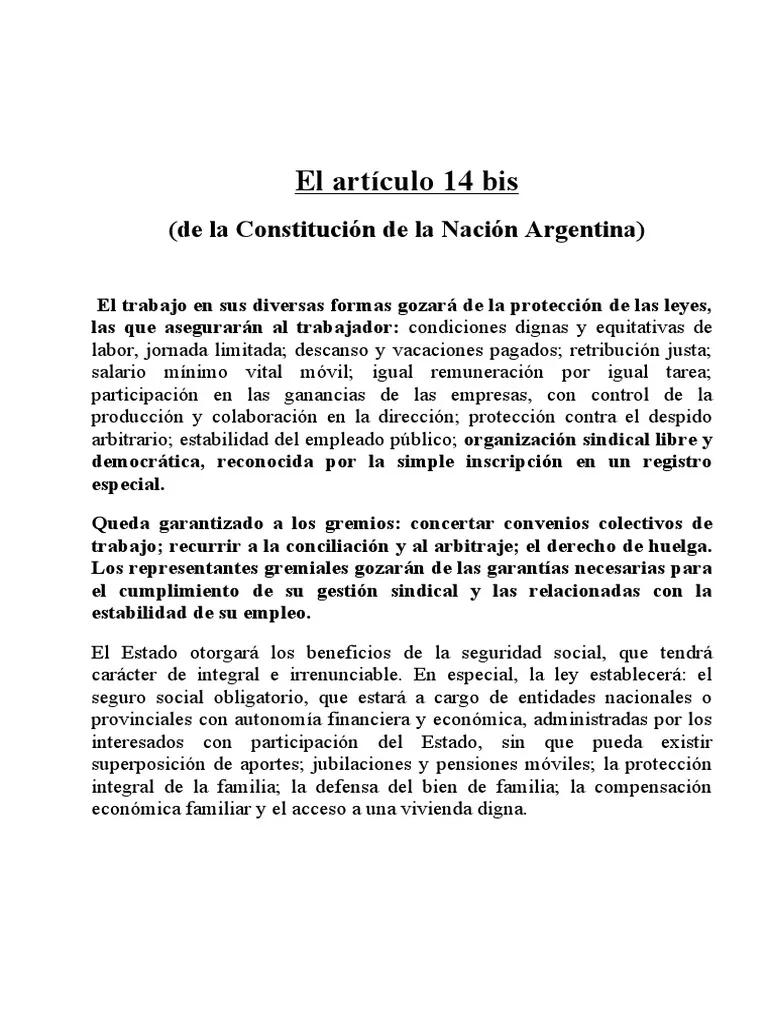 articulo 14 bis resumen corto - Qué dice el artículo 14 de la Constitución