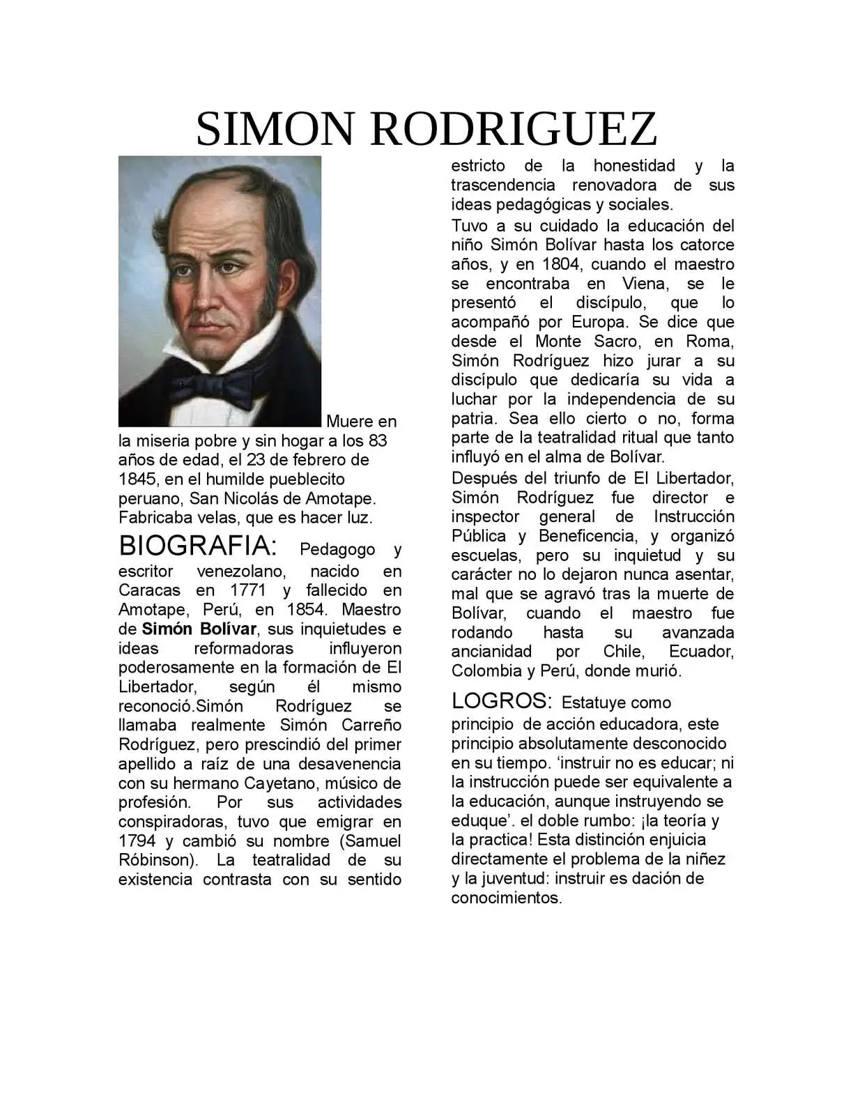 vida y obra de simon rodriguez resumen - Qué enseñanza nos dejó Simón Rodríguez