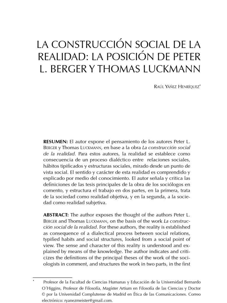berger y luckmann la construcción social de la realidad resumen - Qué es la realidad objetiva para Berger y Luckmann