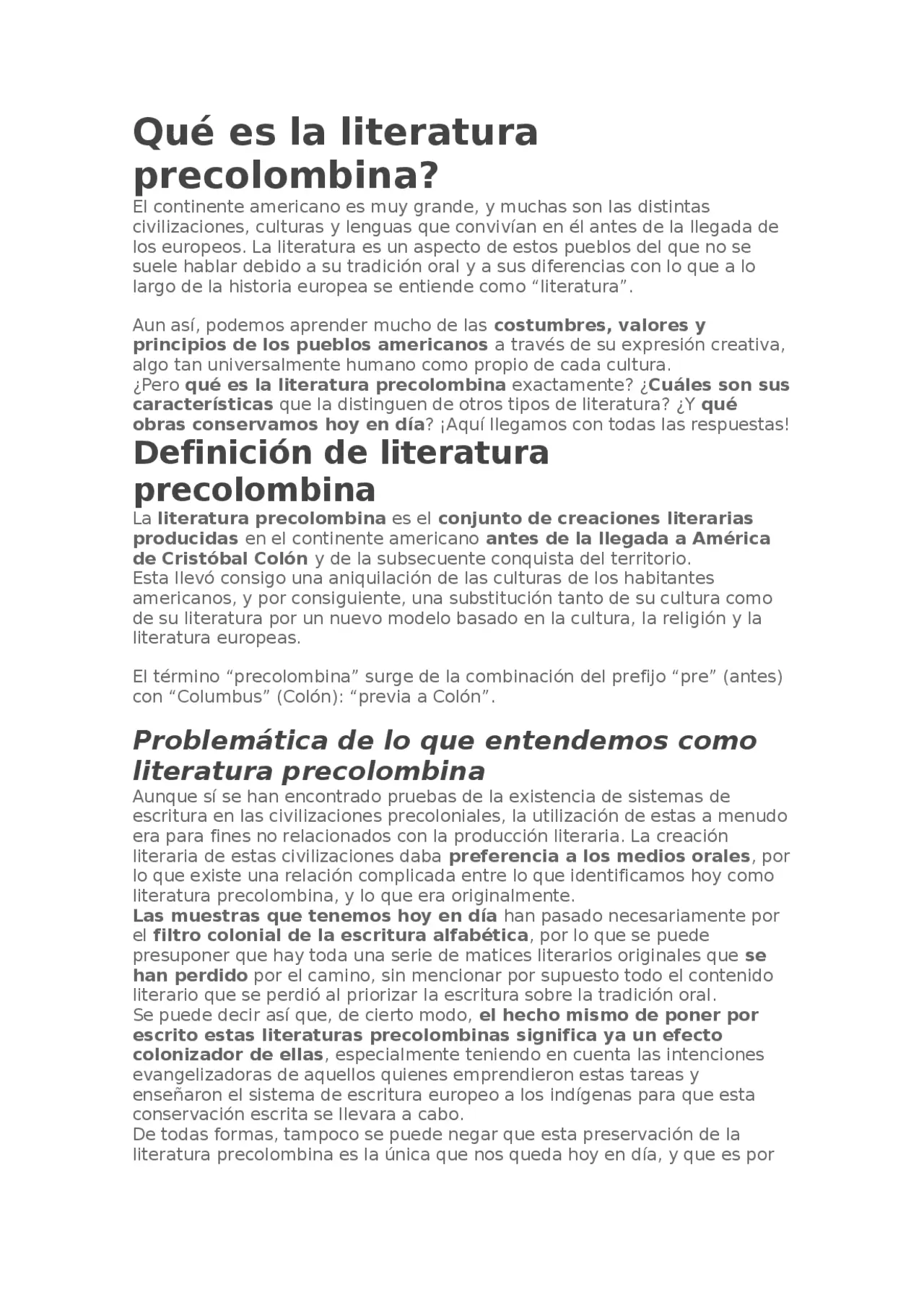literatura precolombina resumen - Qué tipo de literatura precolombina hay